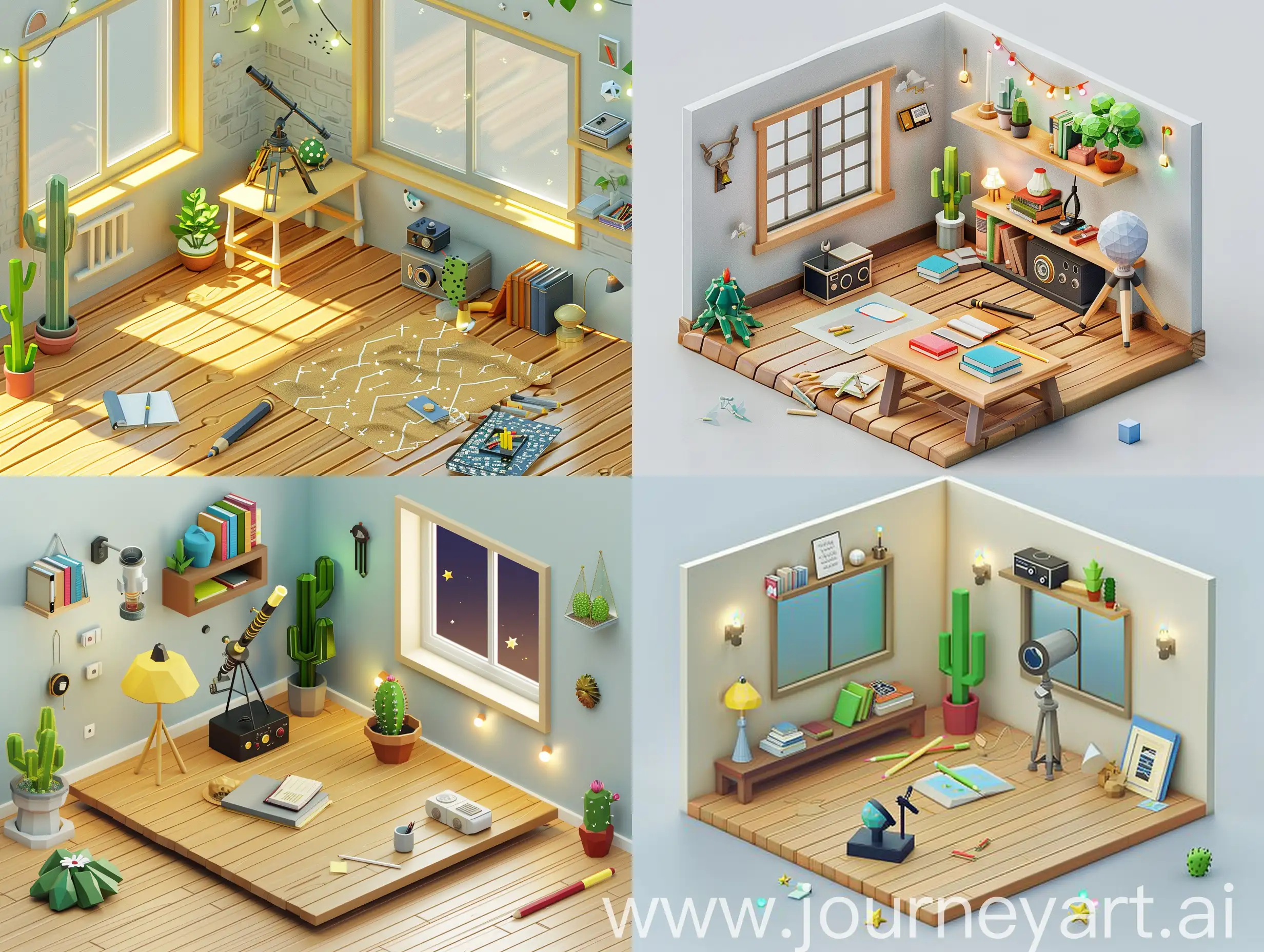 Super Detailed, Amazing Quality, Isometric View, Low Poly Room, Wood Flooring, Detailed Floor Plant, Window, Telescope, Shelf, Books, Table Lamp, Table Study Book, Pencil, Table Cactus, Radio, Wall Decorations, Fairy Lights, Detailed Low Poly Room