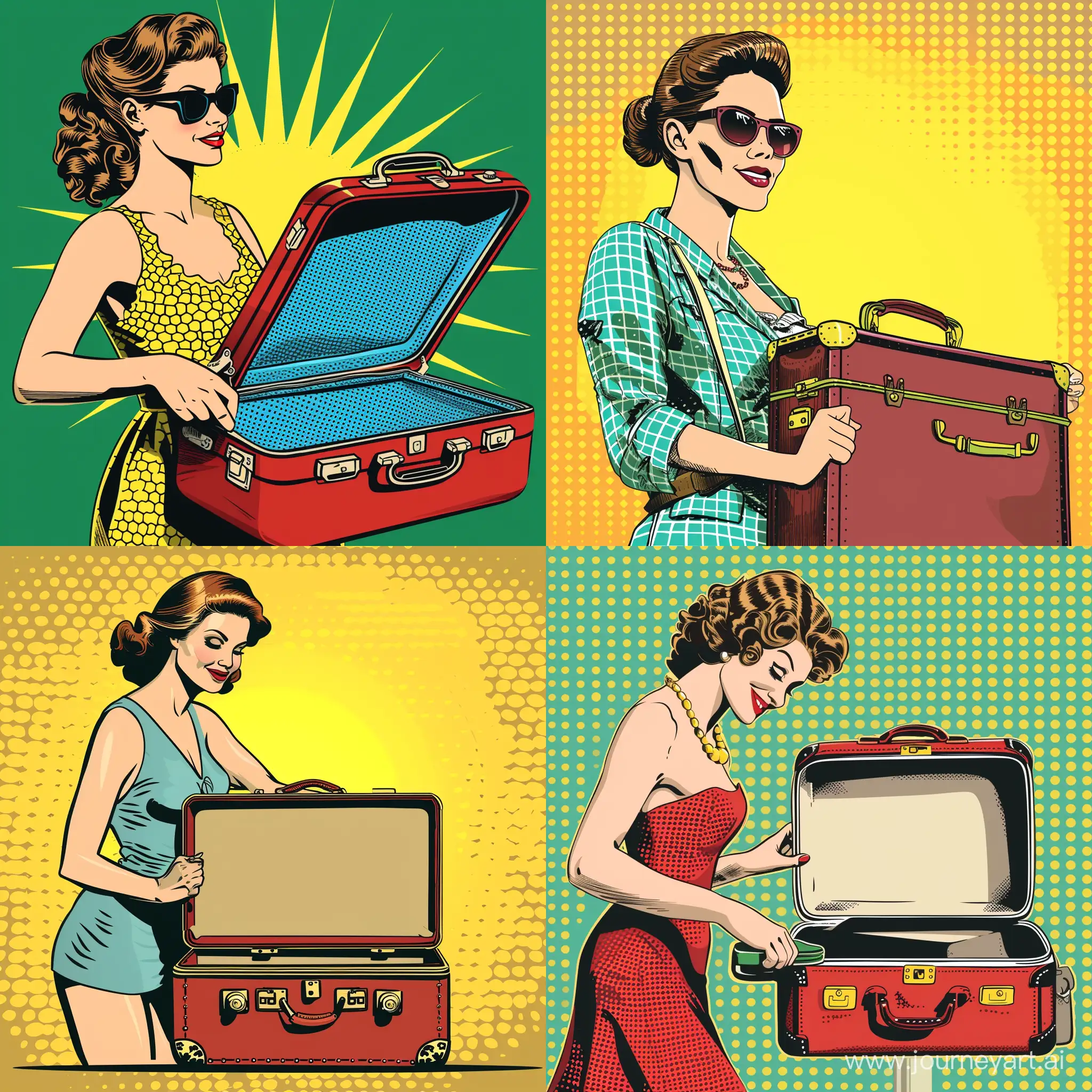 Happy Woman closes suitcase, modern american comic book style.
