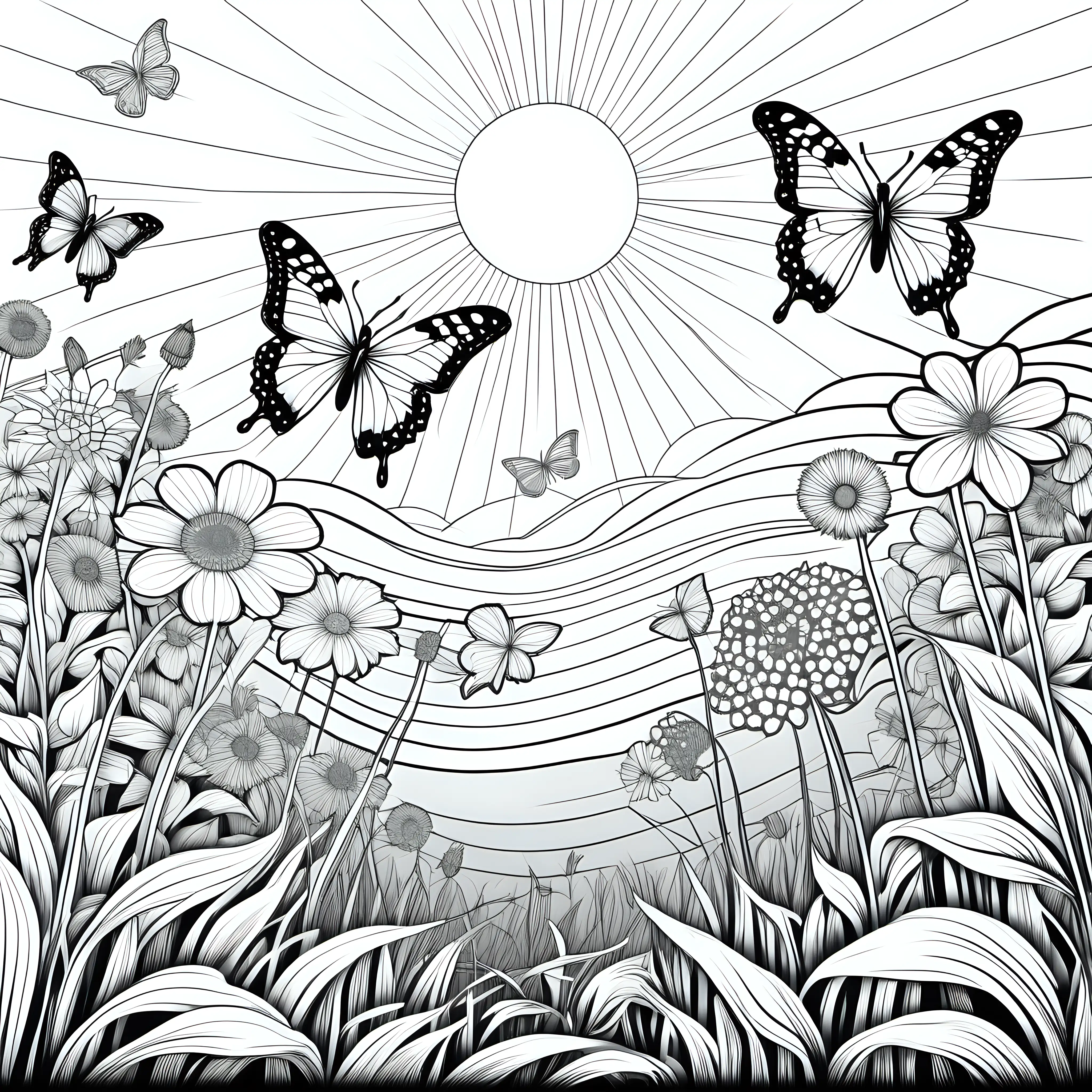 black and white colouring in page vector line art 2D clear lines butterlies field of flowers and sund in the background