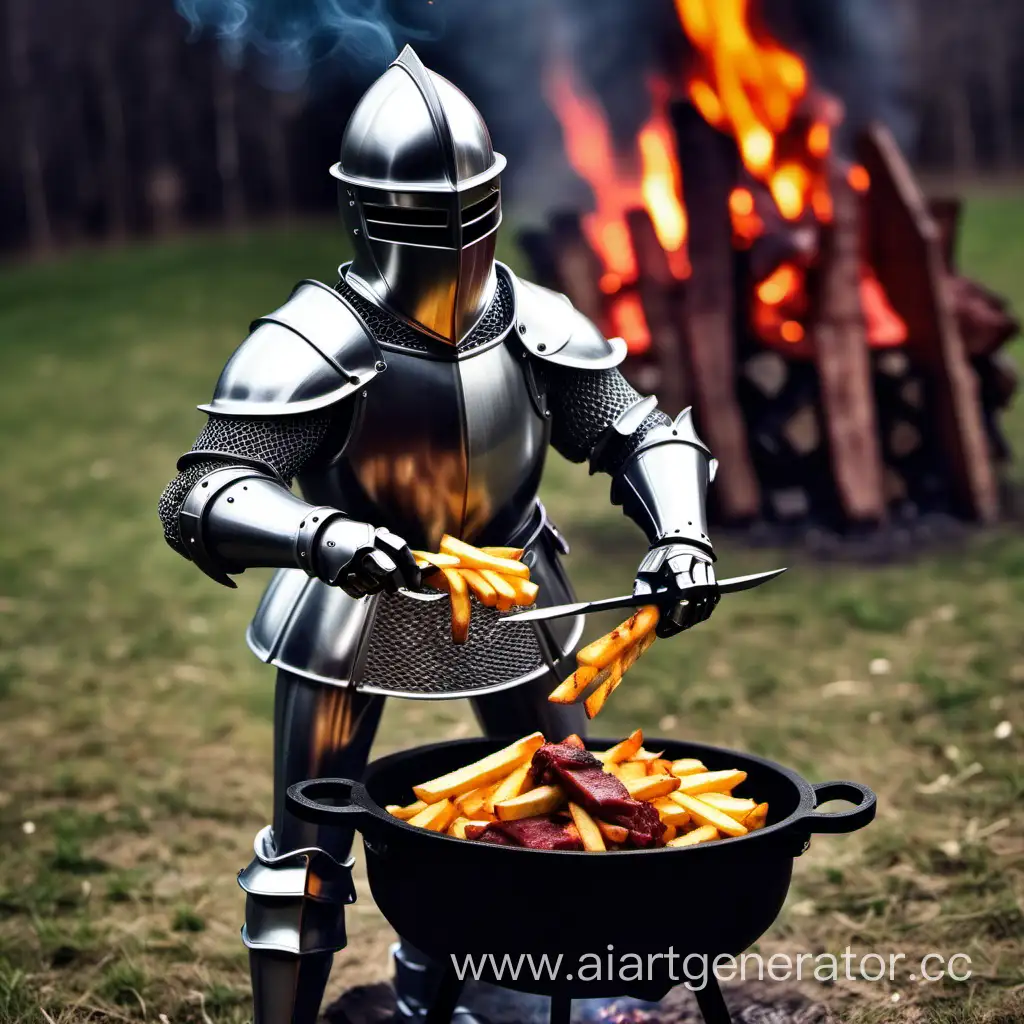 Рыцарь у костра жарит мясо