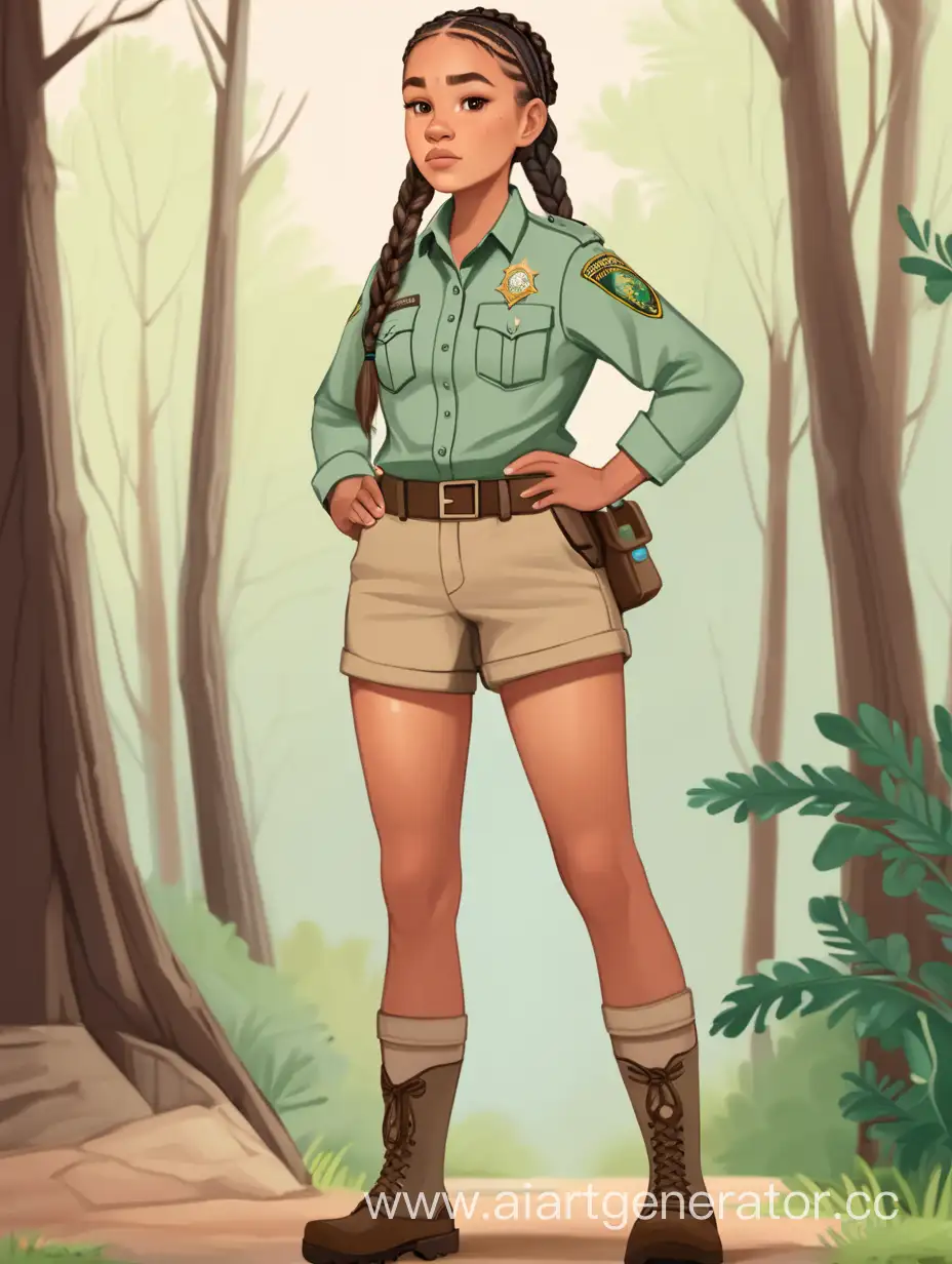 Park ranger girl indigenous in shorts and long sleeves with braids, full height 