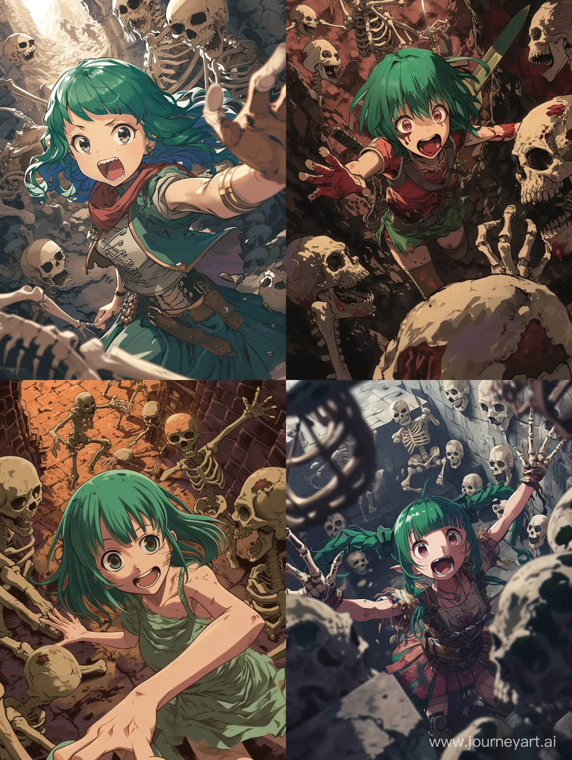 Courageous-GreenHaired-Anime-Girl-Battles-Skeleton-Horde-in-Dark-Dungeon