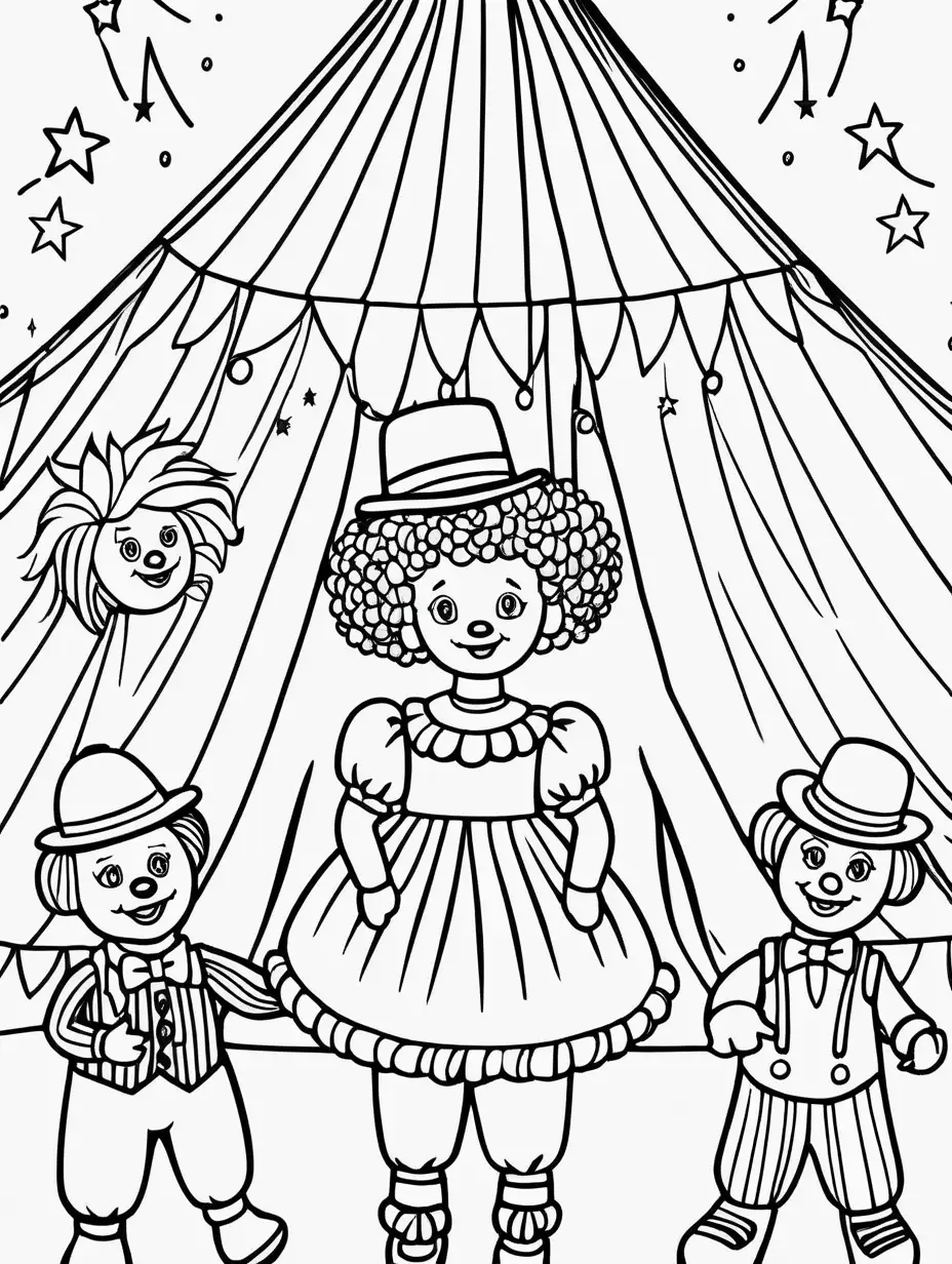  Waldorf doll joining jugglers and clowns, having a fun time under the big top. Black and white coloring page for kids