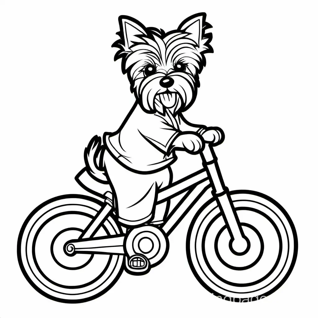 yorkshire terrier riding a bike, Coloring Page, black and white, line art, white background, Simplicity, Ample White Space. The background of the coloring page is plain white to make it easy for young children to color within the lines. The outlines of all the subjects are easy to distinguish, making it simple for kids to color without too much difficulty