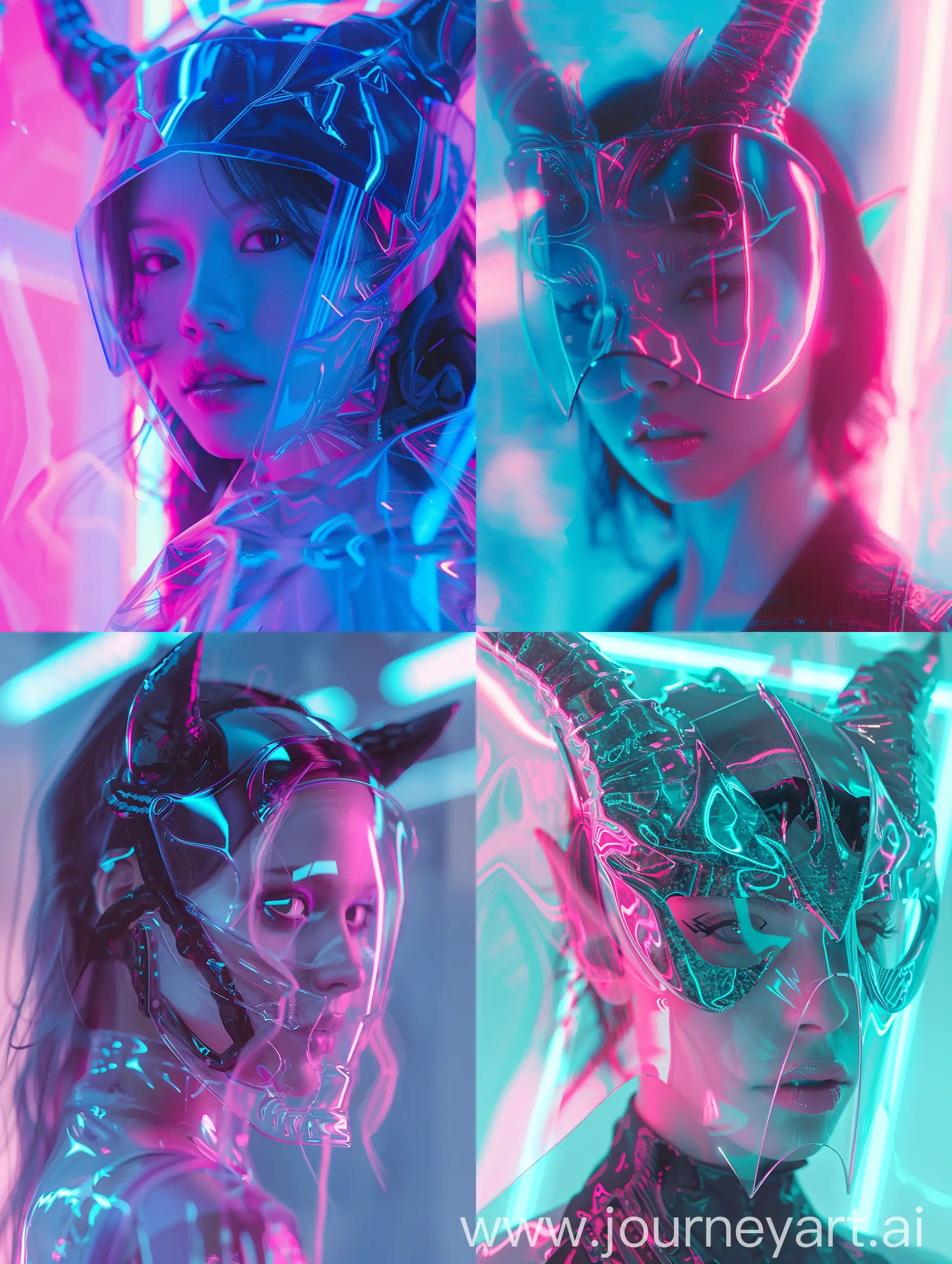 beautiful woman, translucent glass, demon mask, cyberpunk, with subtle pink and blue gradients, neon lights, backlight, pastel colours, sci-fi, realistic, high quality, futuristic, techpunk.