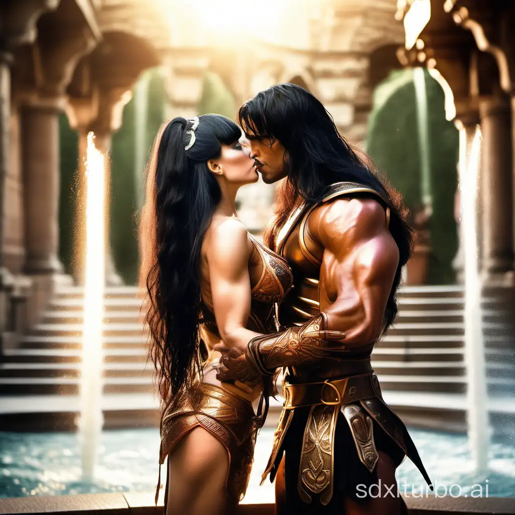 Sensuous kiss between Exceptionally beautiful gorgeous sensuous woman with extraordinarilly long black hair with bangs and tall exceptionally muscular cleanshaven male warrior hero with exceptionally long black hair with bangs, slanted black eyes, copper-red complexion, golden thong bikini, extensive body jewelry, Fantasy setting, castle garden, fountain, afternoon sun, extremely detailed, 8k resolution, Epic, cinematic, masterpiece