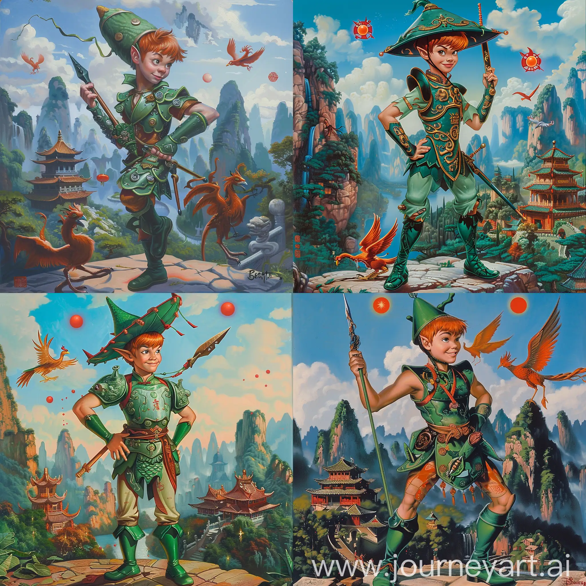 Historic painting style:

a Disney handsome Peter Pan, from the Peter Pan cartoon, from head to feet,

with orange brown hair,

he wears a green Chinese conic hat,

he wears deep green and light green colors Chinese style medieval armor,

he wears deep green boots,

he holds a Chinese dagger in right hand, 

Chinese Guilin mountains and temple as background, small phoenix and three small red suns in blue sky.