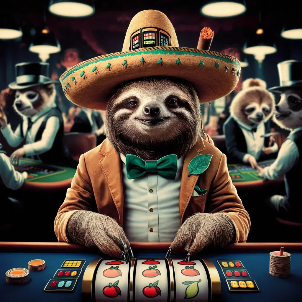 sloth is playing slot machine hat and cigarone