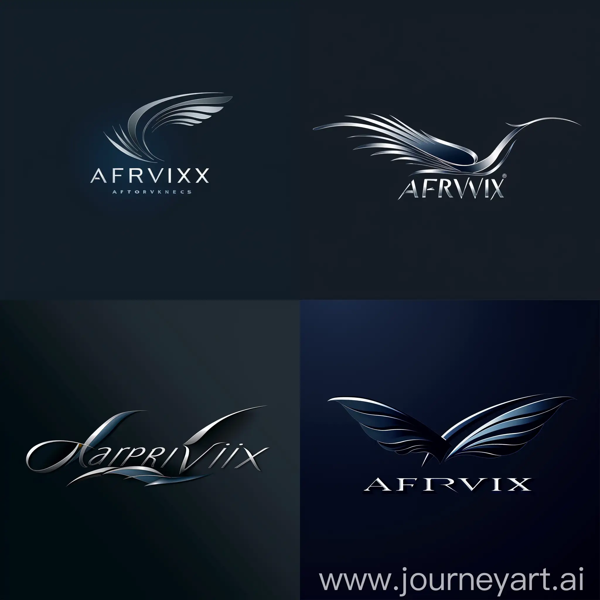 Design a sleek and dynamic logo for AeroVix, an airline that embodies elegance, innovation, and speed. Incorporate a unique symbol representing flight, such as a stylized wing or soaring bird. Choose a clean, modern font for the company name, conveying professionalism and trustworthiness. Use a color palette of dark blue for trust and stability, along with silver accents for sophistication. Keep the design minimalist, visually balanced, and versatile across different mediums. Ensure the logo reflects AeroVix's brand identity and resonates with the target audience. Seek professional feedback to capture AeroVix's essence in the aviation industry.