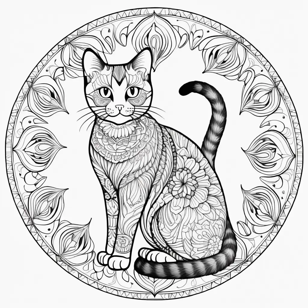 Simple mandala art for kids, cat image (persian) , white