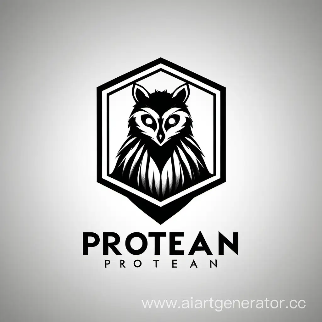 Generate a simplistic black and white logo for the company "Protean." The logo should feature a raccoon-owl chimera symbolizing transformation and adaptability. Emphasize clean lines, minimalism, and a sense of mystery.