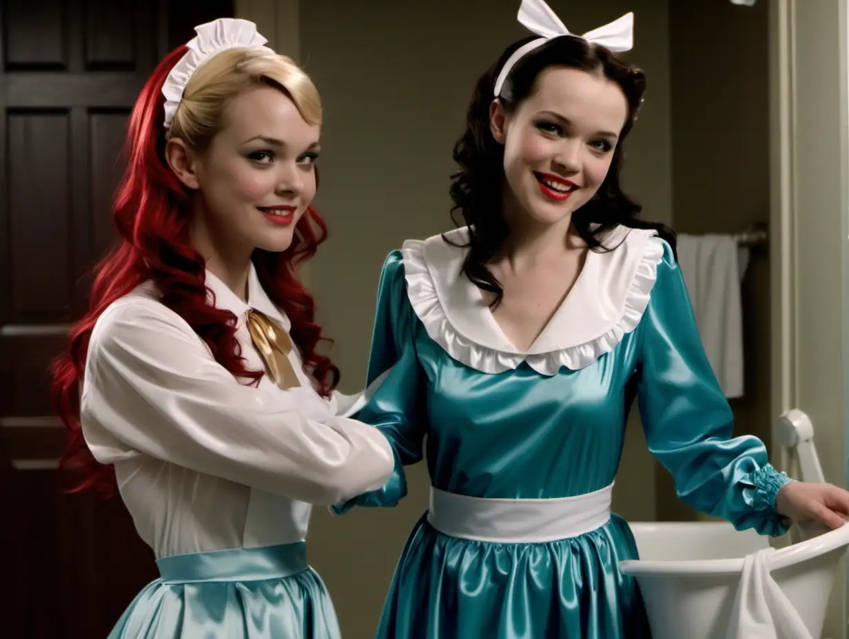 girls in long   crystal silk satin blue cream retro maid  gown with white apron and peter pan colar and long sleeves costume and milf mothers long blonde and red hair,black hair  rachel macadams and margo robin smile clean bathroom