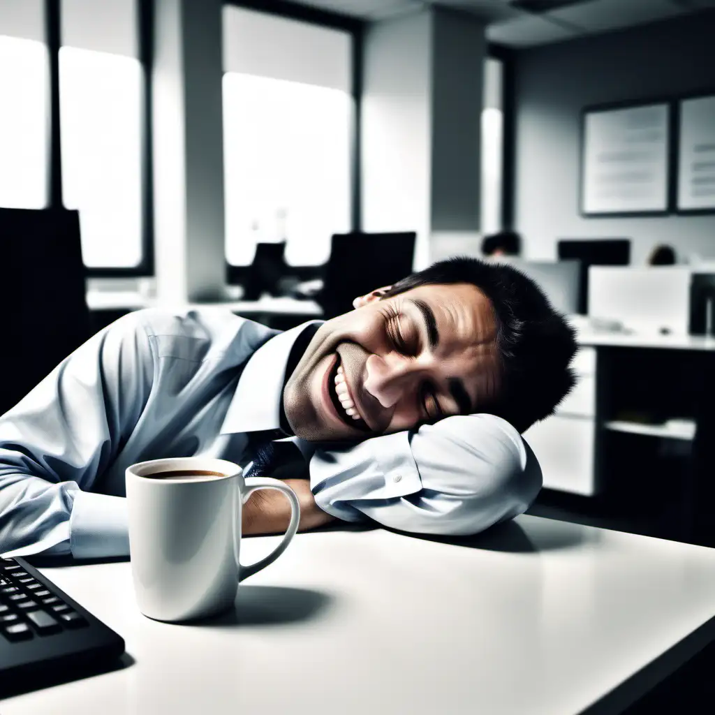 Genera una imagen satírica de una escena de oficina donde una persona dormda en su escritorio sonriendo. Al lado una taza de cafe blanca. 