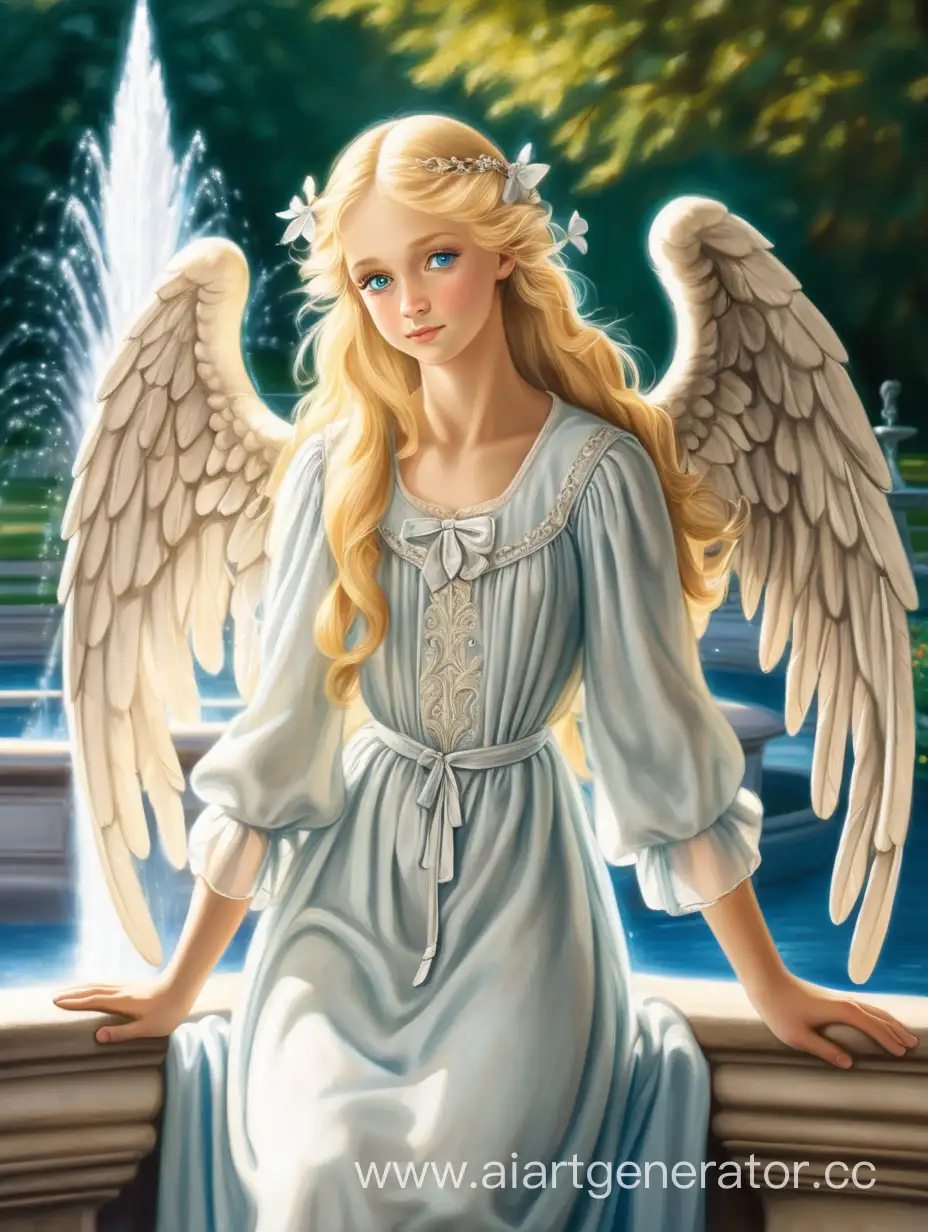 Подсказка: блондинка с голубыми глазами. Добрый, похож на ангела. В платье девятнадцатого века она находится в парке в парке. Она смотрит на фонтан, она в парке.