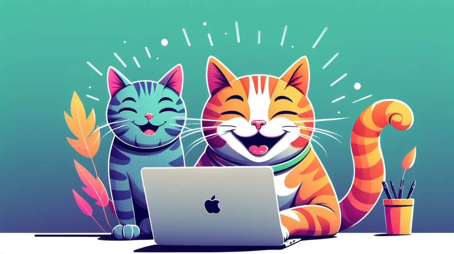 Create a colorful graphic with a happy cat working on MacBook at work, having a dream job.   Muted Colors 