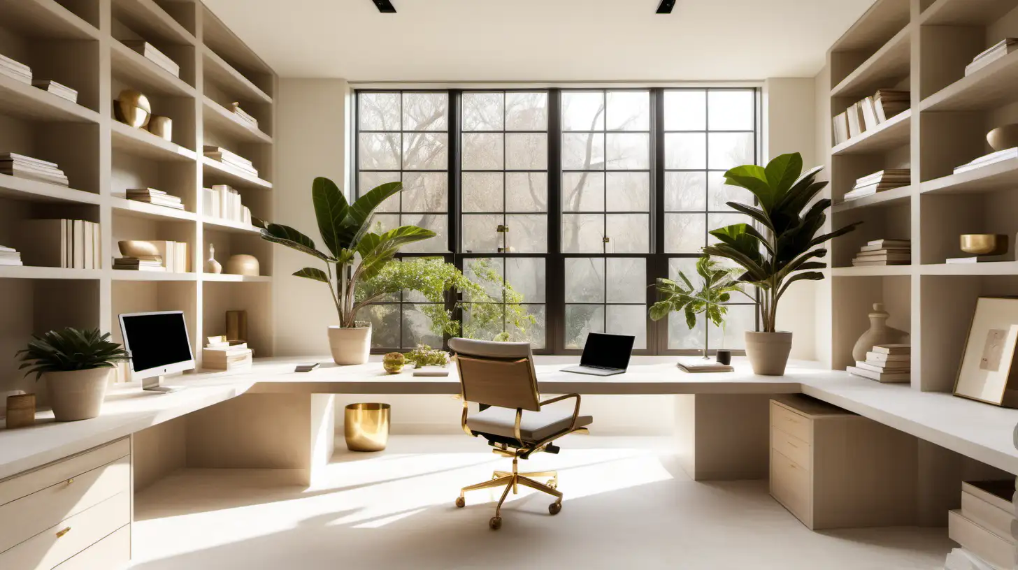 Imagine a classic contemporary estate home Minimalist office with desk and built in shelving; walls in ivory limewash; Blonde Oak; Brass; organic; sunlight; large modern window; a potted Ficus;
