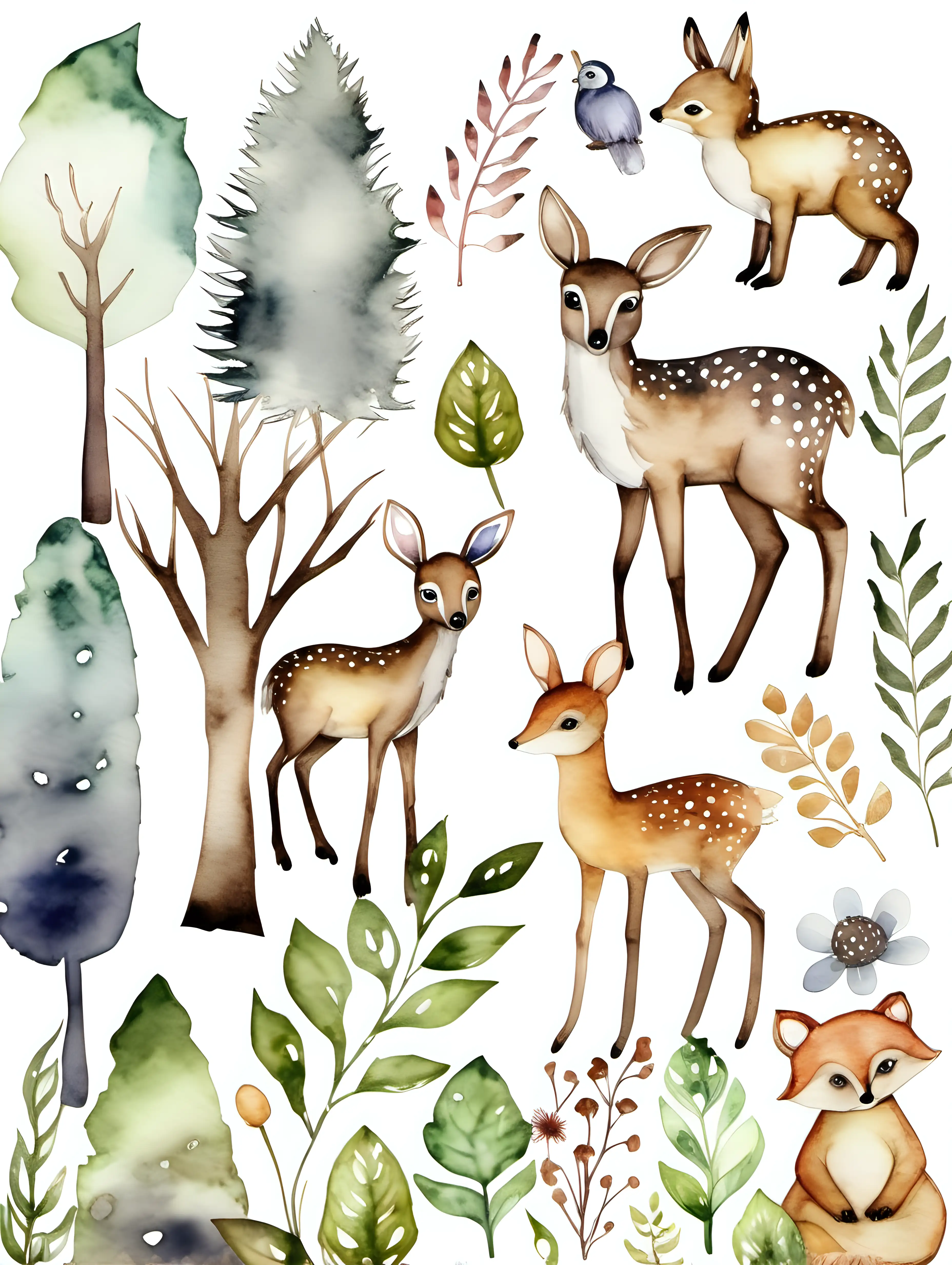 watercolour woodland boho forest clipart, isolated background, suitable for a nursery