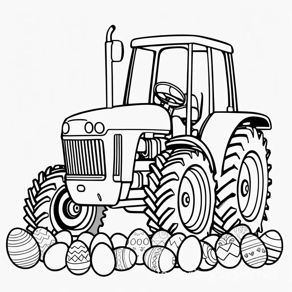 Tractor with Easter Eggs
, Coloring Page, black and white, line art, white background, Simplicity, Ample White Space. The background of the coloring page is plain white to make it easy for young children to color within the lines. The outlines of all the subjects are easy to distinguish, making it simple for kids to color without too much difficulty