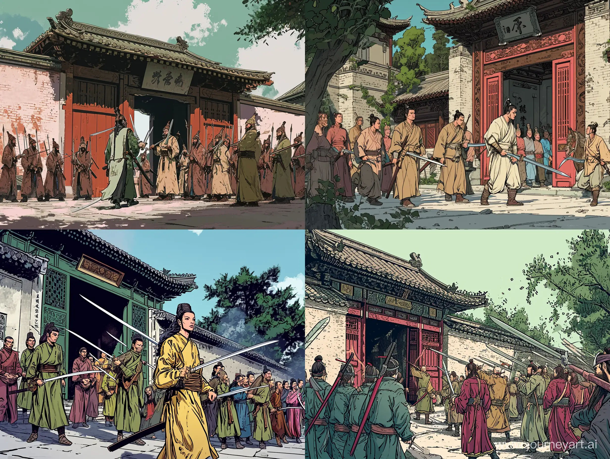 Ancient-Chinese-Soldiers-Exit-Mansion-with-SwordHeld-Captives