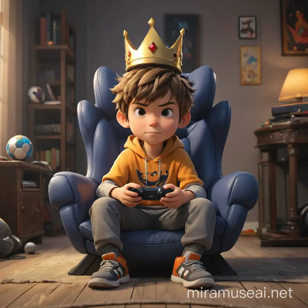 Create me an animated image of a child playing video games sitting in a gamer chair with a ball between his feet and a crown on his head 