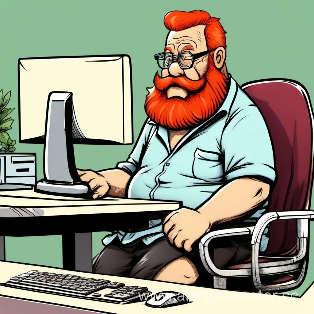женатый пузатый жирный дед с рыжей бородой за компьютером