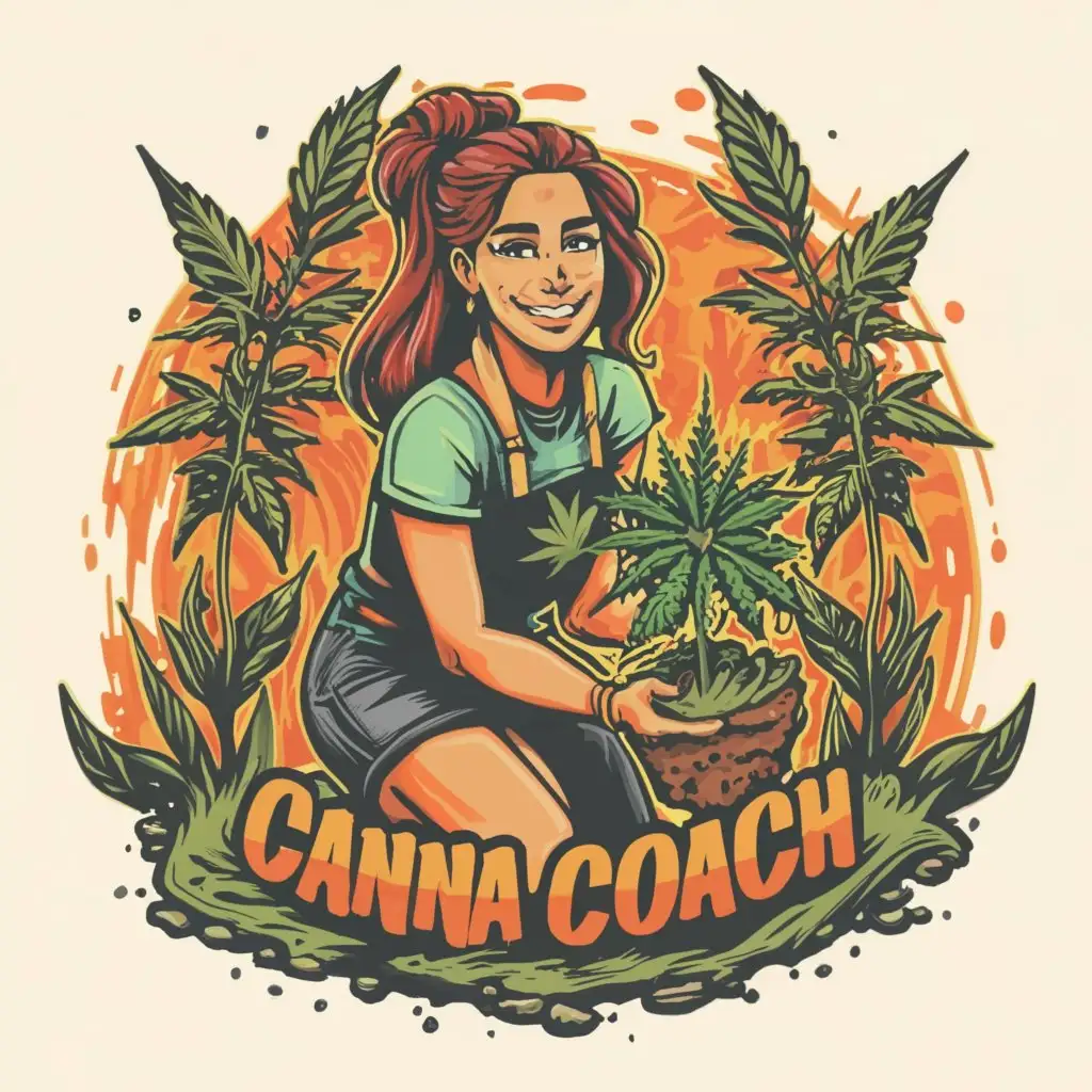 a logo design, with the text 'CannaCoach', main symbol: a woman on her knees smiling planting a small, young cannabis plant into the soil. That's perfect. Add more green colors to it and make it much more colorful overall. Its perfect, don't change anything except spell the logo name "Canna Coach" right . Leave everthing eslse just the way it is, complex, clear background