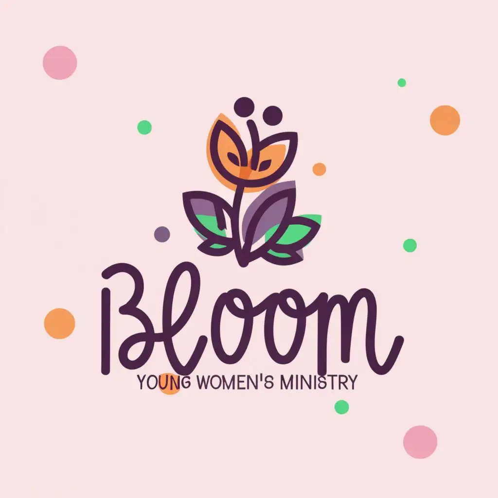 logo, main symbol is flowers blooming. Used for 'Young Women's Ministry'. baby purple colour is used. Font is adorable but very elegant., with the text "BLOOM", typography. more flowers surrounding