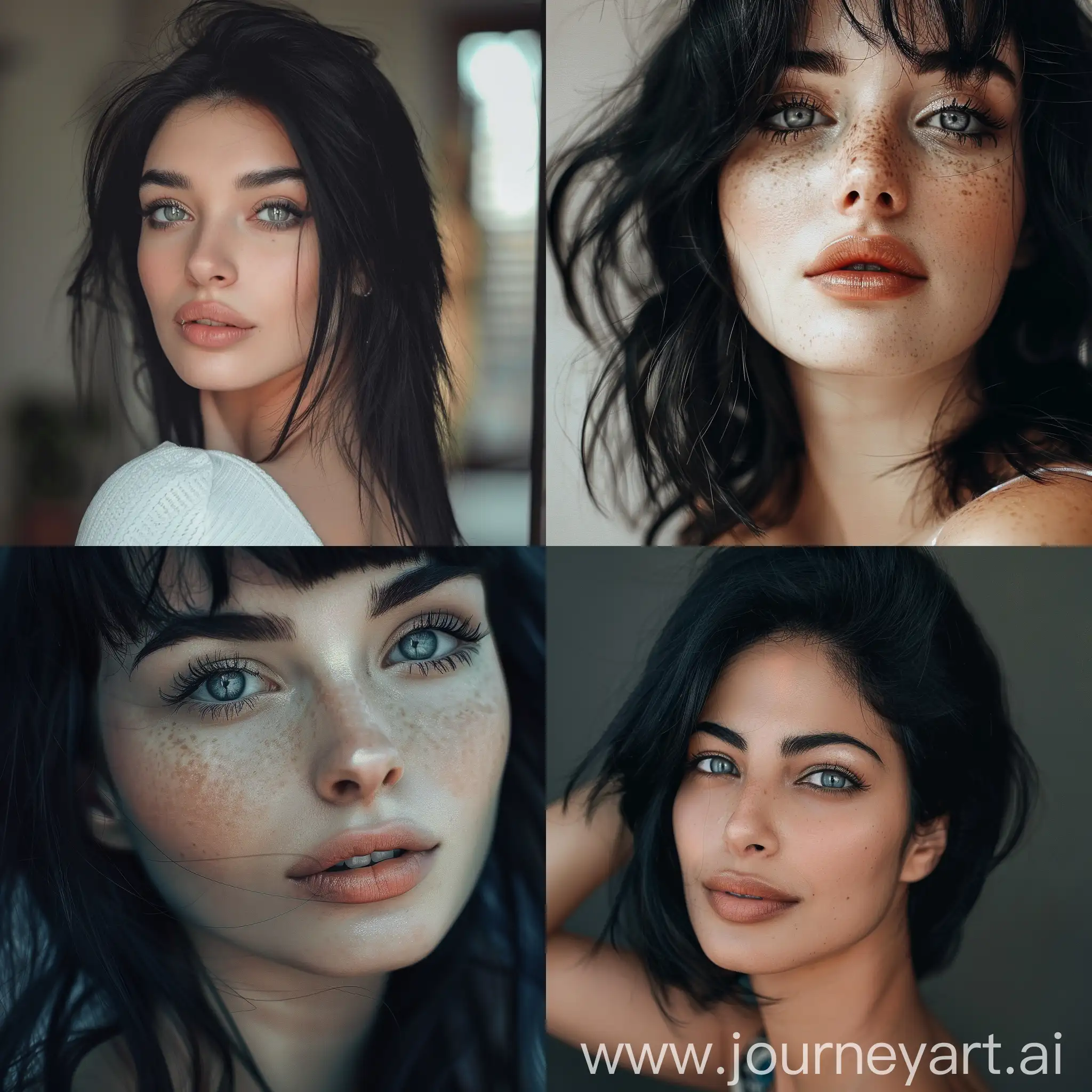 A beutiful woman with black hair and pretty grey eyes