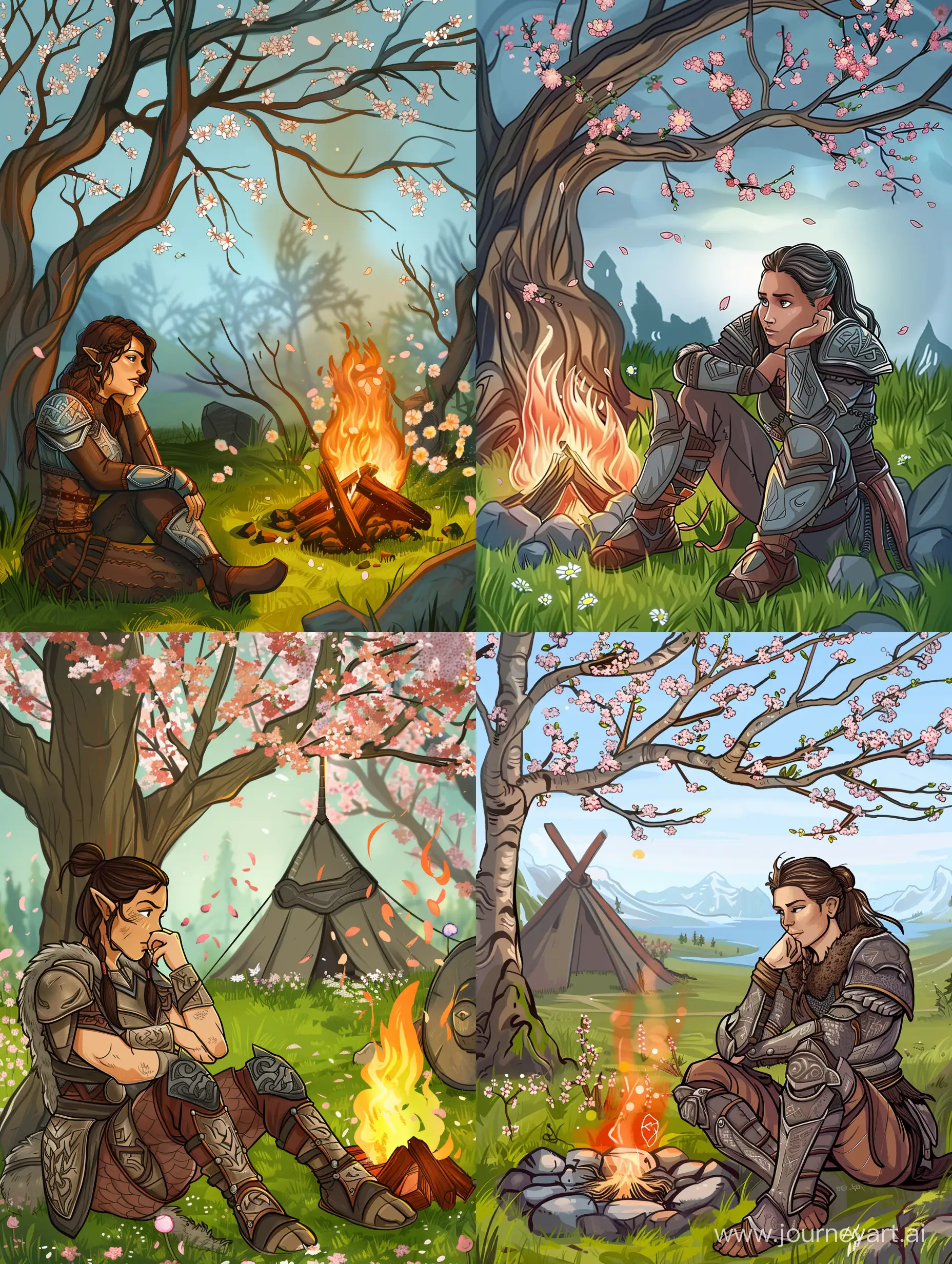 a brunette Nordic Viking woman sitting near the fire in the camp and thinking about her love in spring time, skyrim background, spring and blossoming flowers, nordic woman dressed in Skyrim armor, funny and cute cartoon drawing --s 50 