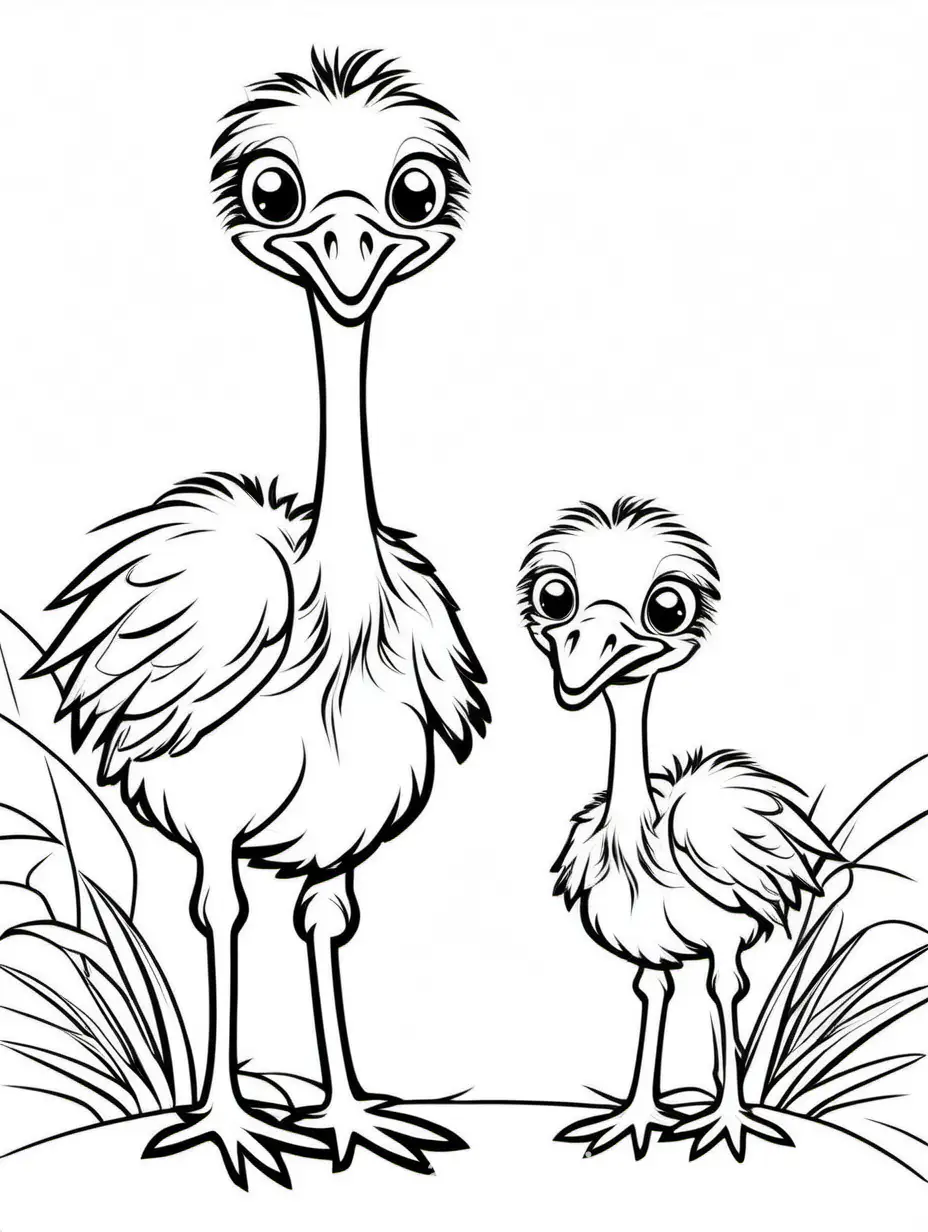 cute Ostrich  with his  baby for kids, Coloring Page, black and white, line art, white background, Simplicity, Ample White Space. The background of the coloring page is plain white to make it easy for young children to color within the lines. The outlines of all the subjects are easy to distinguish, making it simple for kids to color without too much difficulty