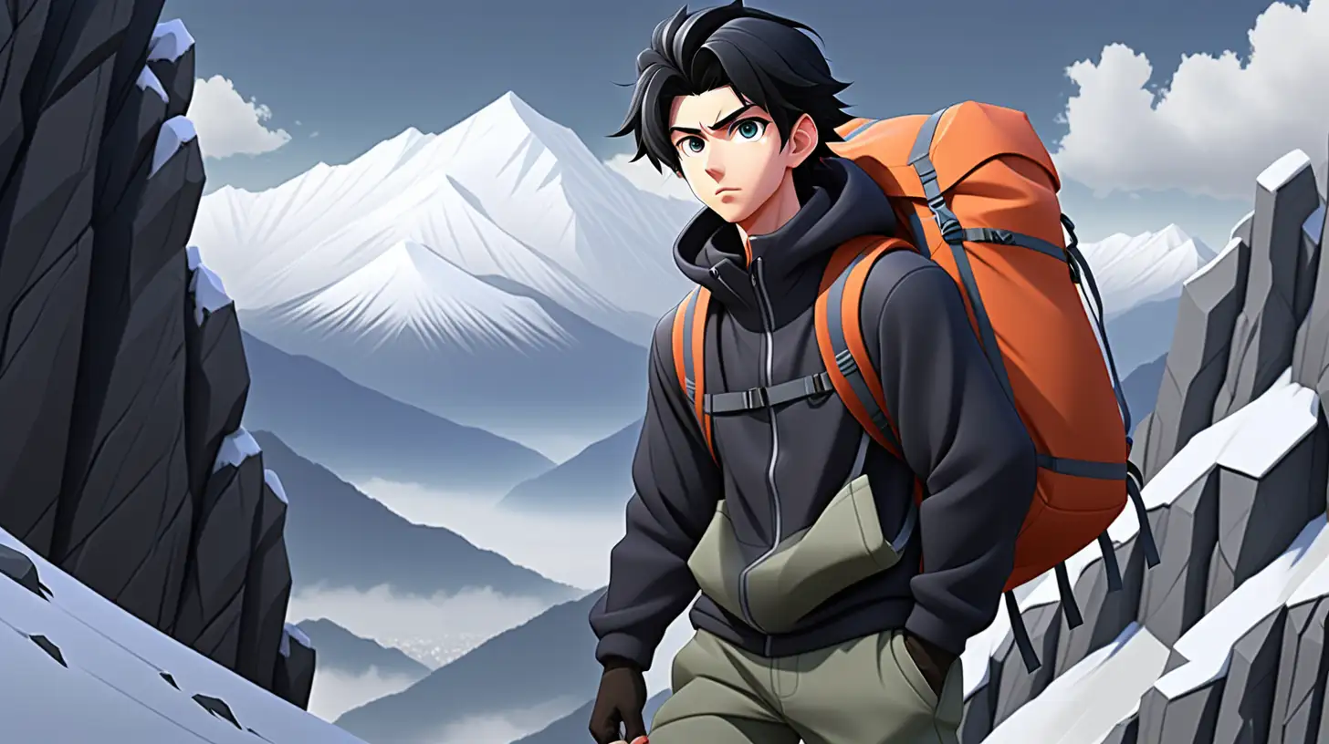 handsome anime young man, climbing a mountain, wearing climbing clothes, using a large bag, black hair, modern clothes, very beautiful mountain background, snowy mountains, simple full color, high quality, lively eyes, dark, gloomy, dark color, natural eyes, hd, hyper realistic,