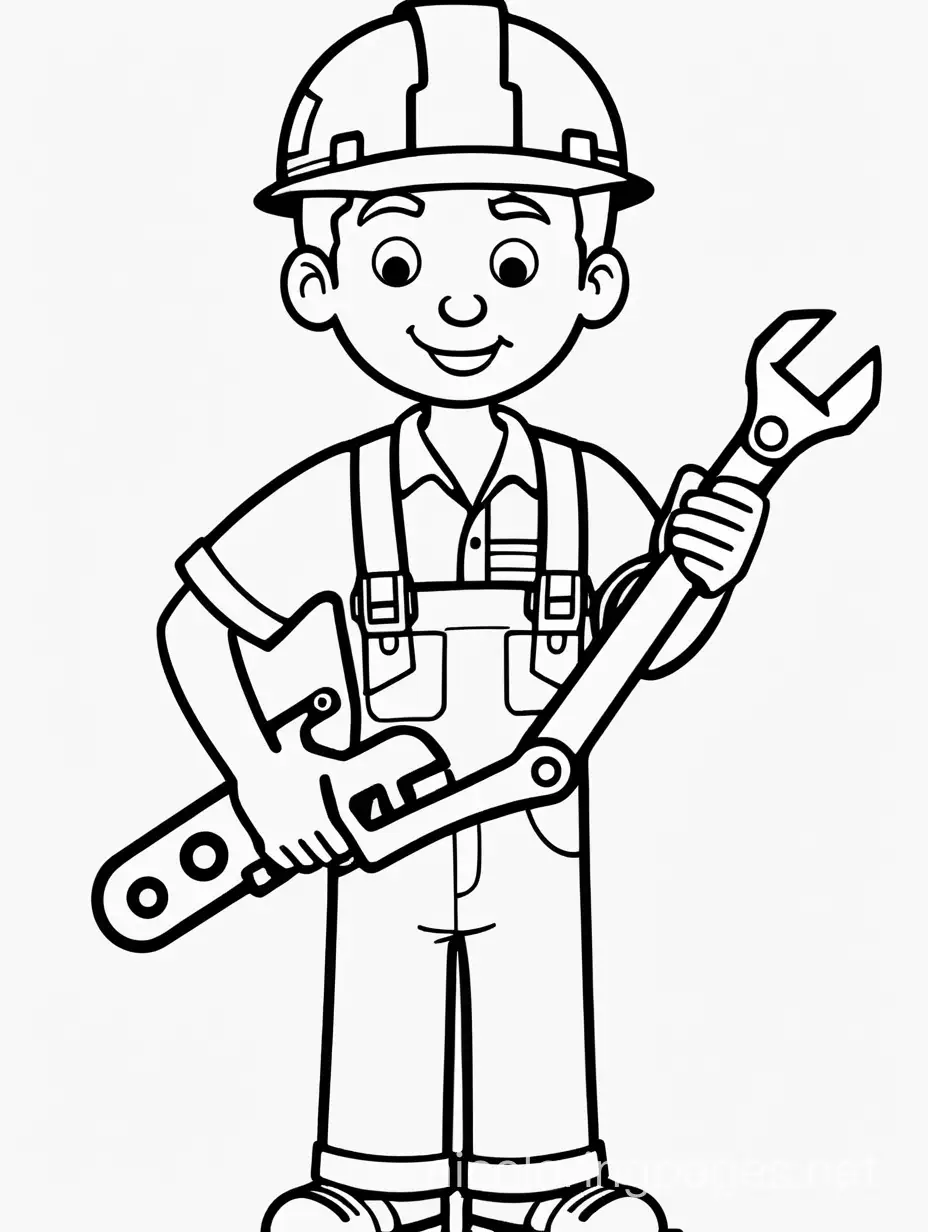 engineer holding  WRENCH , line art , all bold lines ,  NO SHADOWS , NO SHADE , NO behind lines, Coloring Page, black and white, line art, white background, Simplicity, Ample White Space. The background of the coloring page is plain white to make it easy for young children to color within the lines. The outlines of all the subjects are easy to distinguish, making it simple for kids to color without too much difficulty
