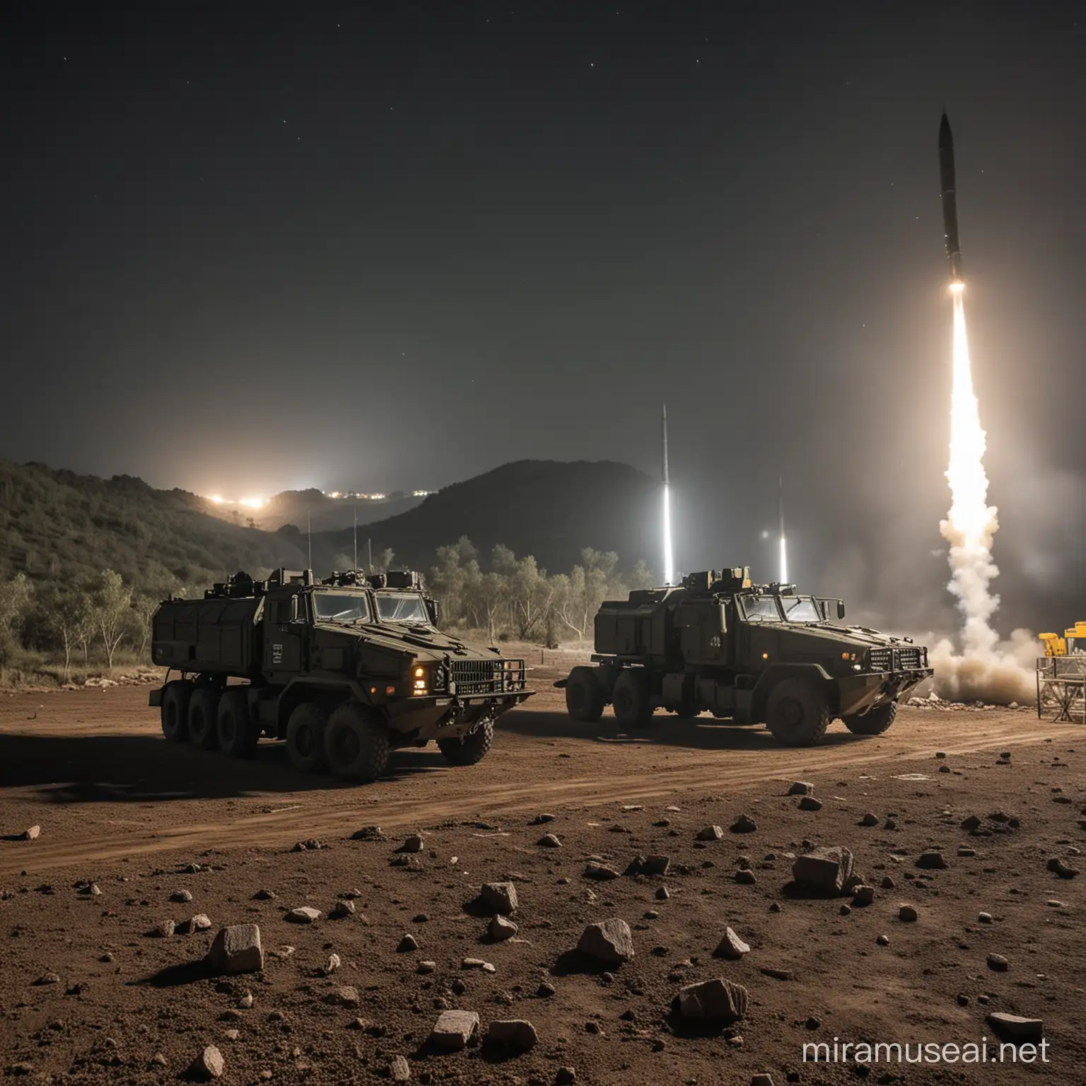 Nighttime Military Drill Launching SurfacetoSurface Missiles in Remote Location