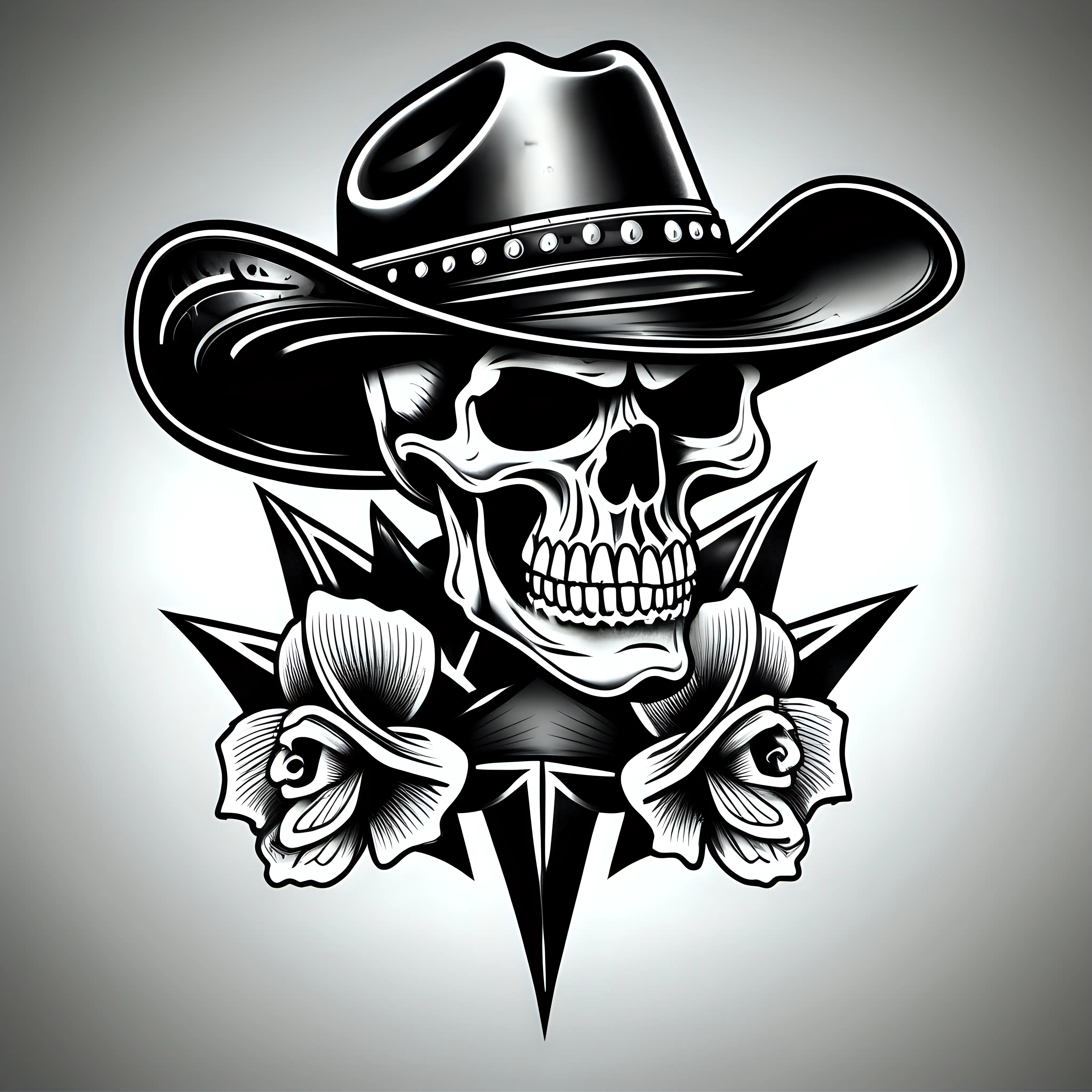 skull wearing a cowboy hat, tattoo style, no background