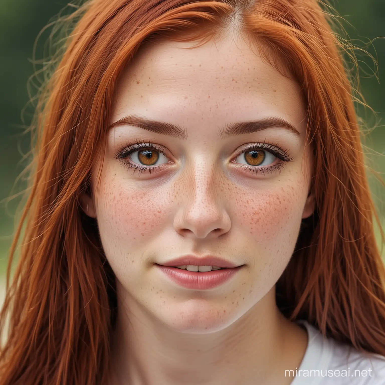 Athletic RedHaired Teenage Girl with Freckles Smiling Cheerfully