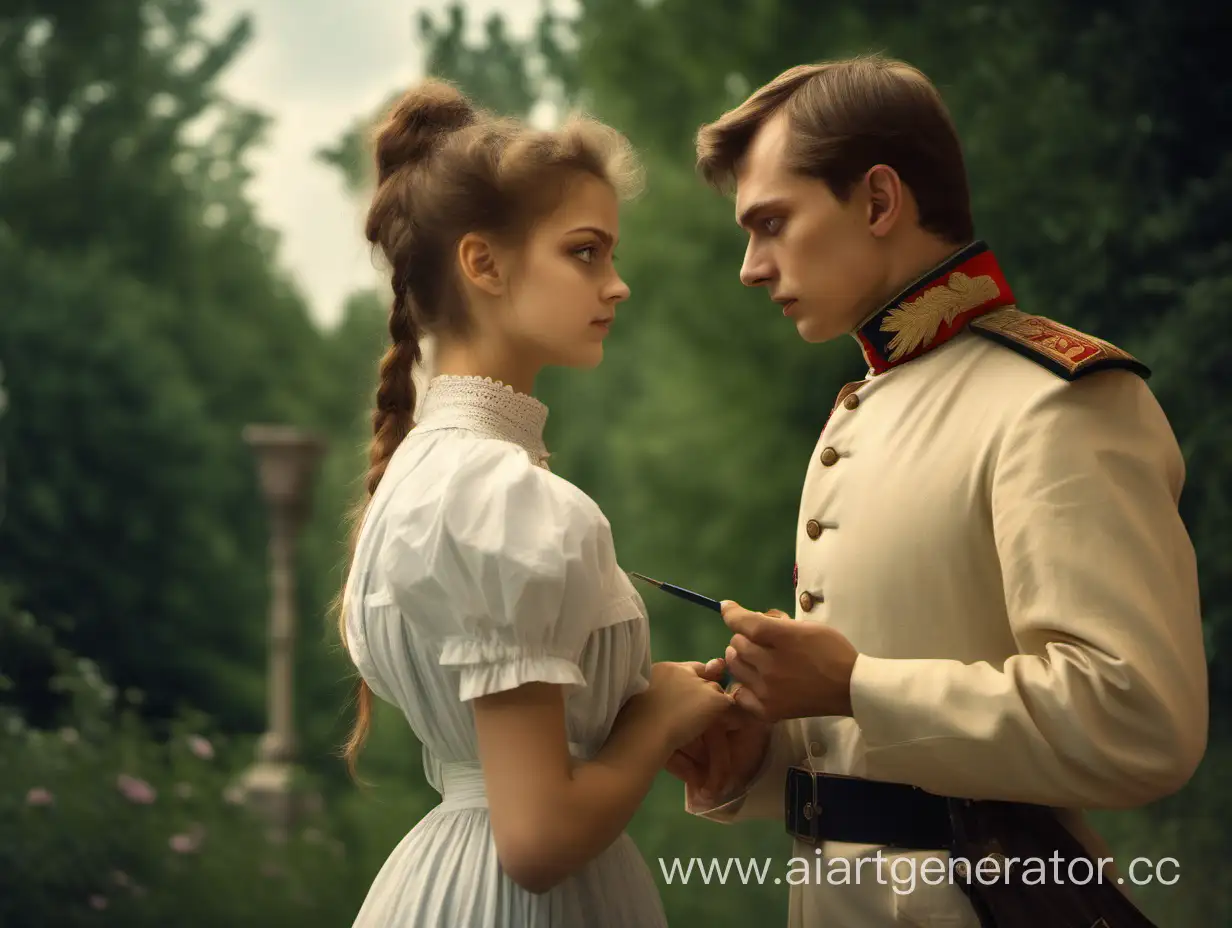 Молодой русский офицер 19 века смотрит на красивую девушку, девушка стоит в метре от него, его глаза внимательно изучают ее лицо, девушка одета в легкое летнее платье