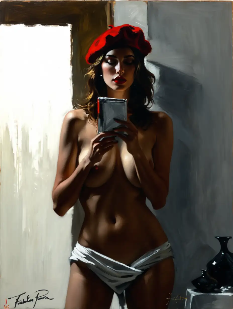 (naked:1.5) luxurious Parisian half mixed woman courtesan , medium breasts ,  (cooper hair:1.2) , red beret , painting style expressionism , jagged lines , painting by (Fabian Perez:1.2) , night scene

 
