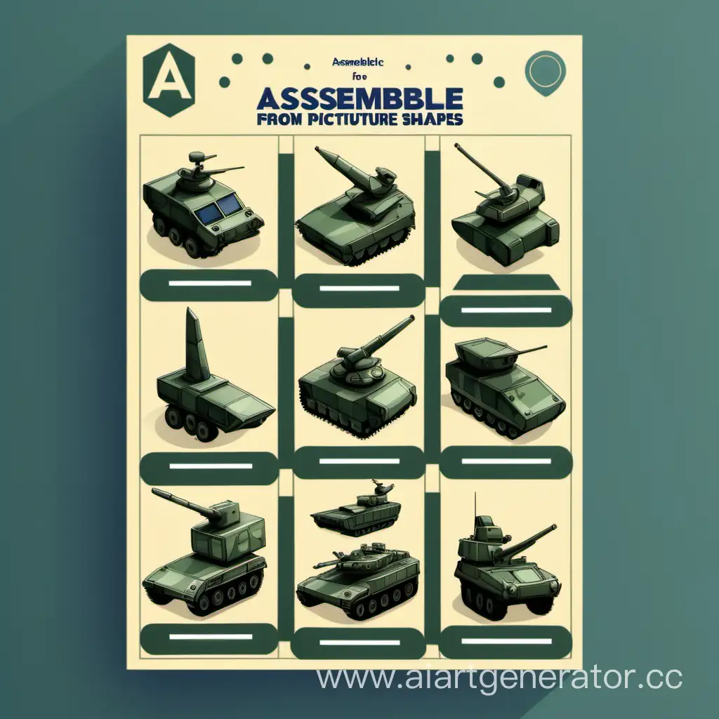 вертикальная обложка для дидактической игры "Собери картинку из геометрических фигур" тема "Военная техника"