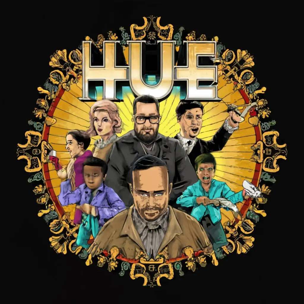 a logo design,with the text "Hue", main symbol:facing left a father with his child and a gangster. in the middle a guy tossing the viewer a coin. to the right people dancing and making money (theme Hue. Music),complex,clear background