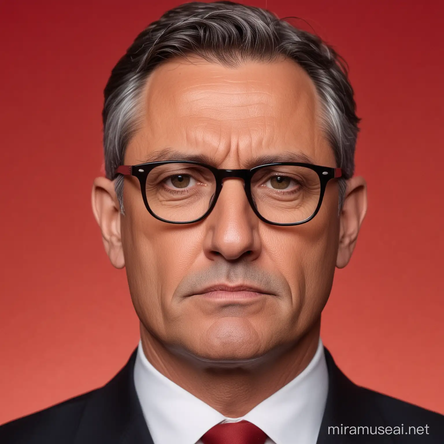 Mature Politician with Classic Hairstyle and Eyeglasses against a Vibrant Red Background