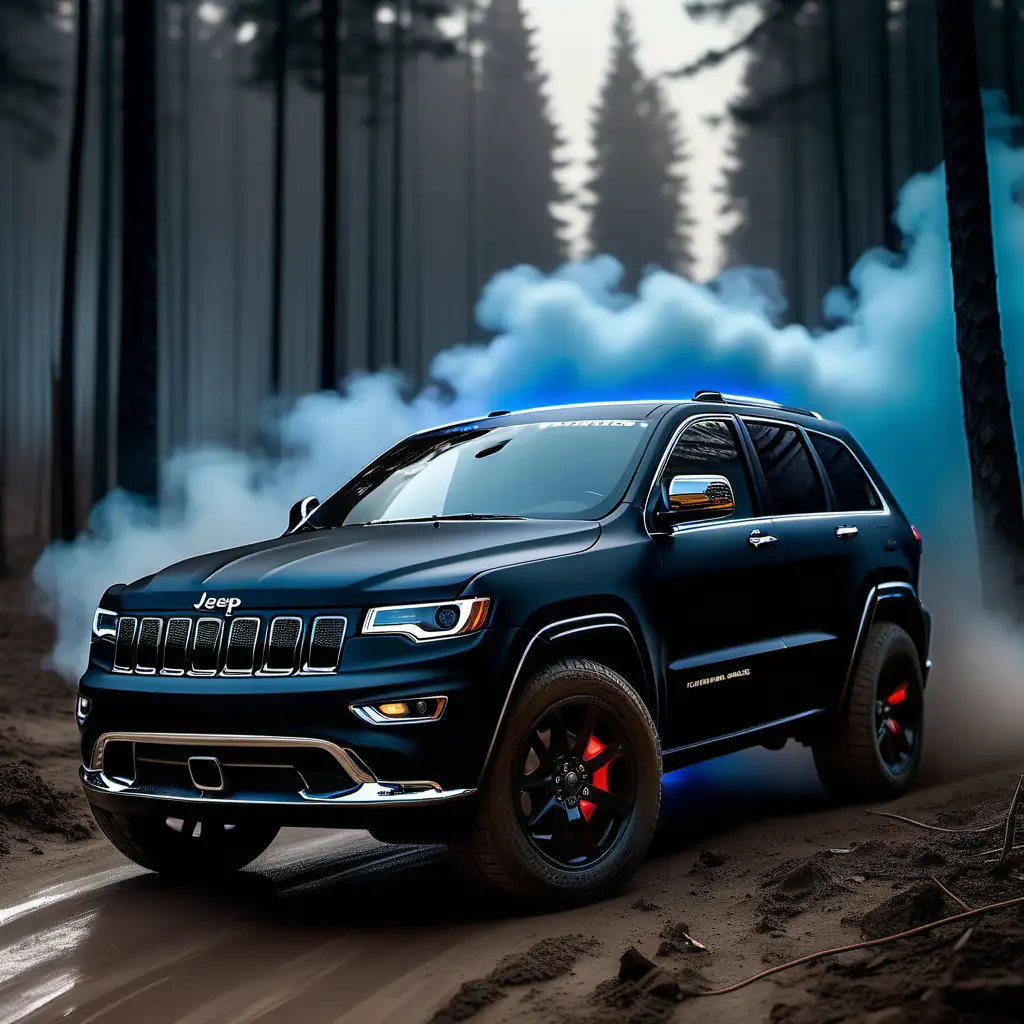 W ultra realistycznym 8K , bardzo realistyczne bud, zdjęciu ukazuje się po tuningu czarny matowy Jeep grand cherokee 2022 rok, generującym dym spod tylnych opon, czarna rejestracja, , brak znaczka jeep, dodaje tajemniczego akcentu. Delikatne błękitne światło podkreśla sylwetkę samochodu, który prezentuje się imponująco na tle malowniczego lasu, błotnisty teren . Kolory są niezwykle ostre, a ostrość detali podkreśla luksusowy wygląd pojazdu i piękno otaczającego krajobrazu. To ujęcie łączy elegancję, dynamiczny styl jazdy i urok przyrody, tworząc wrażenie intensywnego ruchu i wyrafinowanego piękna. --c 5, --v 6
