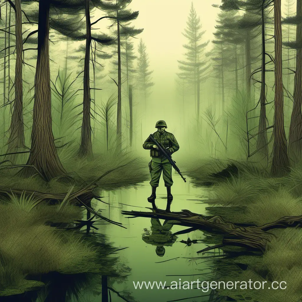 Нарисуй в реализме человека в военной форме с автоматом стоящим по живот в болоте коричнево - зеленого цвета во круг которого сосновый и еловый лес где стелиться туман затрагивая болото