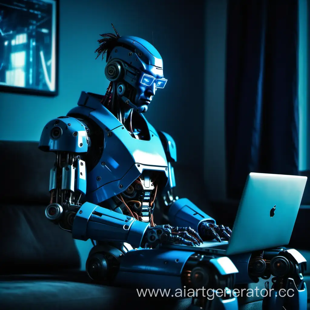Киберпанк человек наполовину робот сидит в квартире с ноутбуком россия темно синий цвет