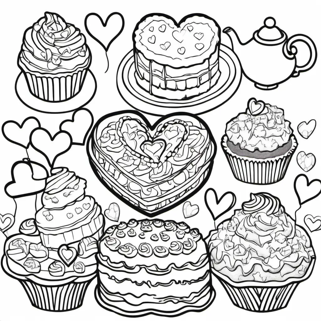 imagine a Sweet Treats Valentine's Day coloring book cover that includes heart shaped cookies, heart-decorated teapots, Heart shaped pancakes, Heart shaped cupcakes. Make it colorful and fun. --ar17:22