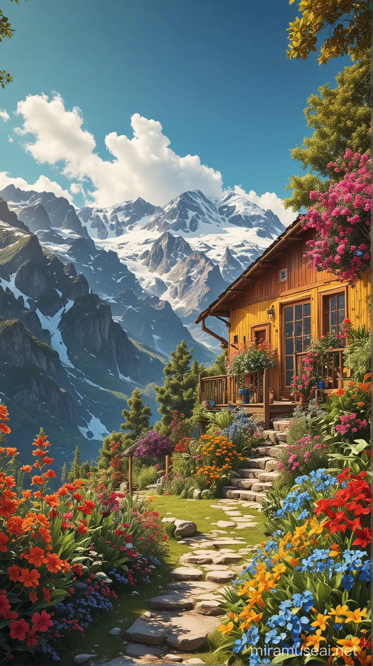 Vibrant Gypsy Style Summer Cabin with Mountain Snowscape