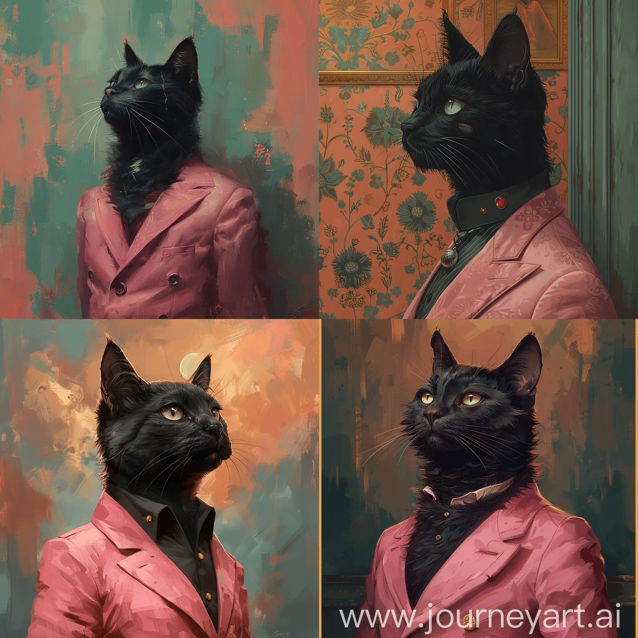 Sam toft art style, serious black cat as human man body, with a facial scar, wearing a pink suit, whimsical yet somber mood, profile picture, pastel hues 
--v 5.2  --s 600 --c 10