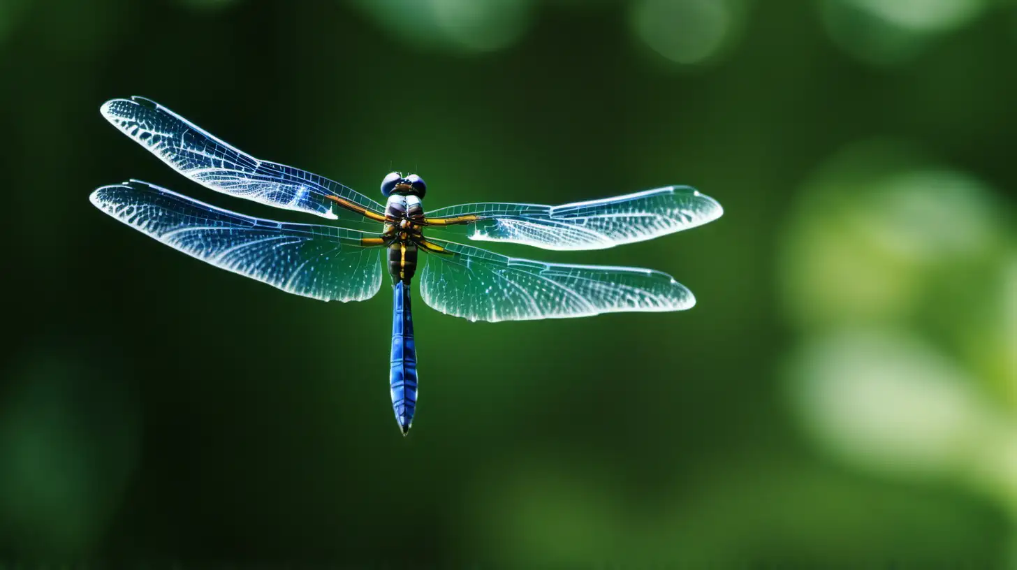 A dynamic shot of a dragonfly in mid-flight, with its wings frozen in motion, against a blurred background of lush greenery.
