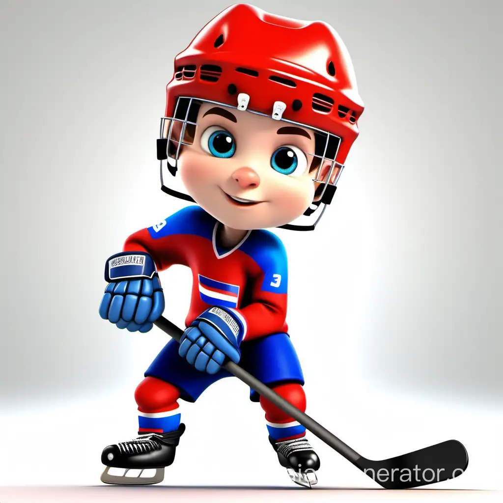 
 мультяшный 3д няшный мальчик российский хоккеист  на белом фоне