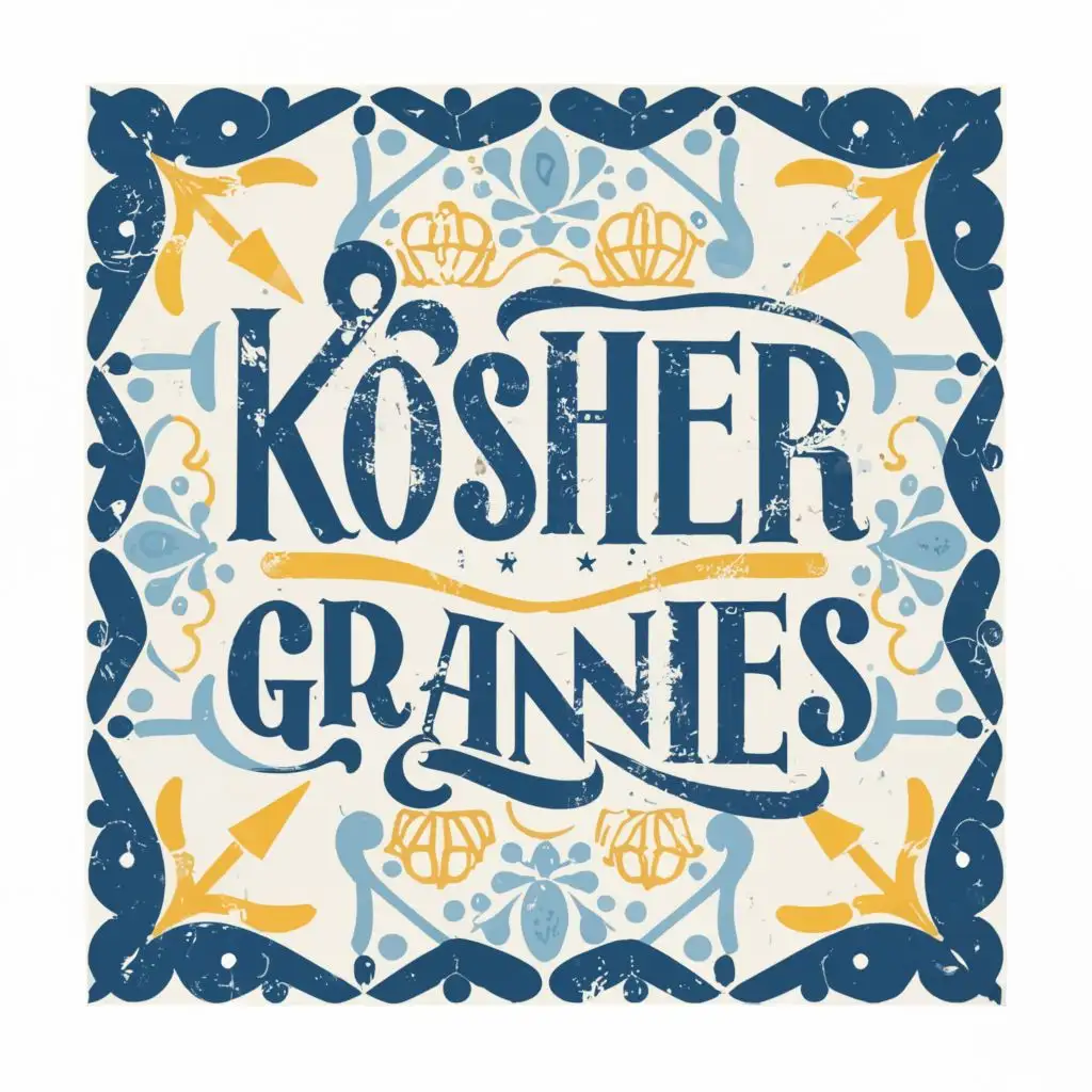 logo, Tile, Israeli, blue, white, yellow, with the text "Kosher Grannies", typography