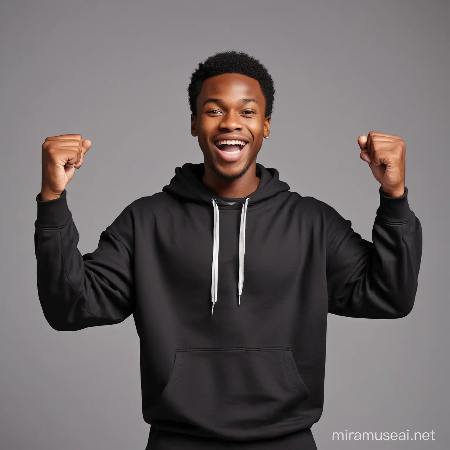 Winners gesture , Cheerful African black male sport fan , excited , jubilating with energy to camera , standing against gray space , putting on black sweatshirt